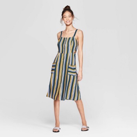 NWT Xhilaration Button Front Dress Striped Pockets - Picture 1 of 4